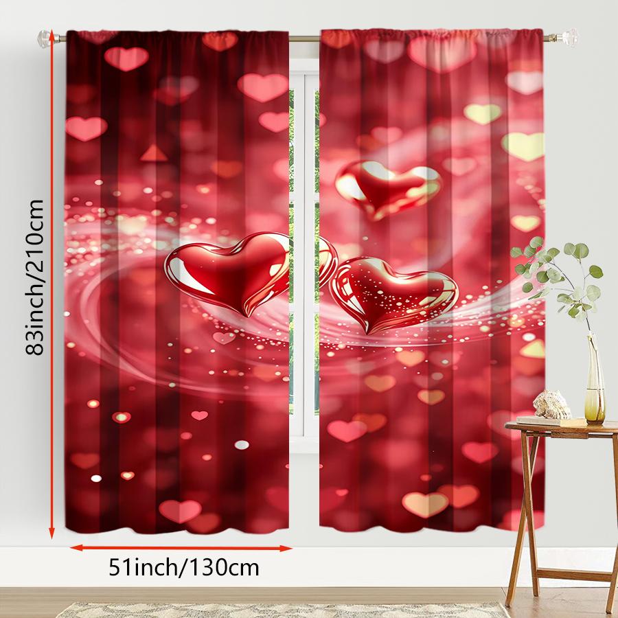 2PCS Red Gold Heart-shaped Curtains   Romantic Style   Bedroom and Living Room   Decorative Curtains with Drawbar Pockets