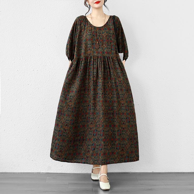 Krátký rukáv Plus size Bavlněné vintage květinové nové šaty pro ženy ležérní volné dlouhé letní šaty