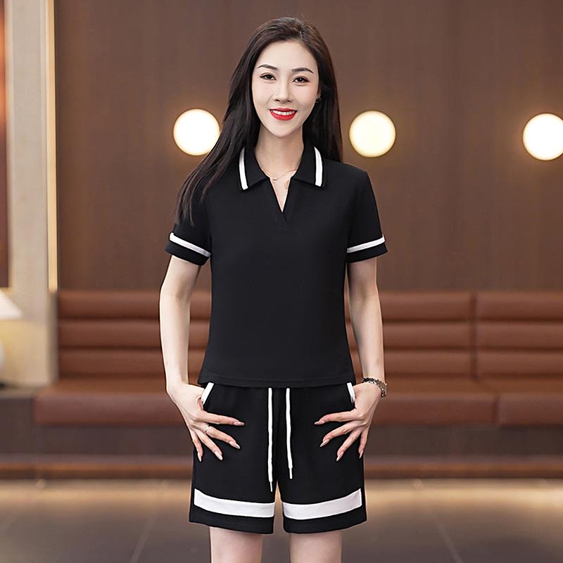 Women's Summer Loose Casual Short Sleeved Running Collar Sportswear Set Two-piece Set
