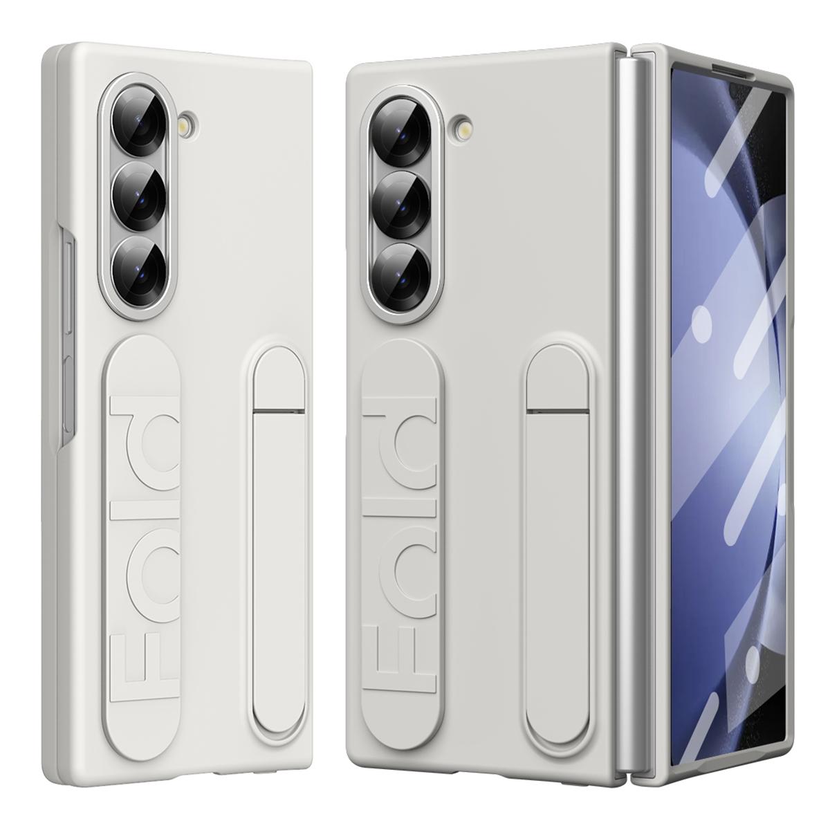 

For Samsung Galaxy Z Fold5 5G Case Kickstand Wristband PC Phone Cover with Tempered Glass Film White