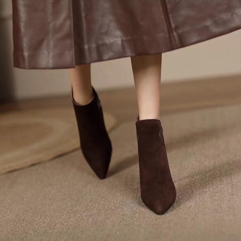 Fashion 2024 Autumn Women Ankle Boots Elegant Brown Suede Short Botas Mixed Leather Iron Thin High Heels Black Botines Femininos Zapatos