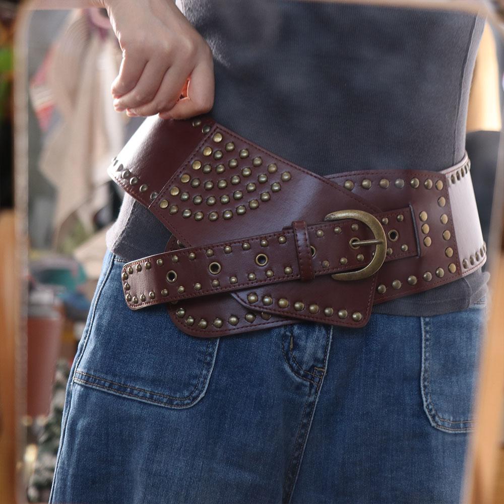 Adjustable Metal Rivet Belt PU Leather Waist Corset Fashion Wide Cummerbunds  Dress