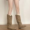 Fashion Autumn Winter Pleated Women Western Cowboy Boots Internal Elevation Slip On Mid Calf Booties Zapatos De Mujer