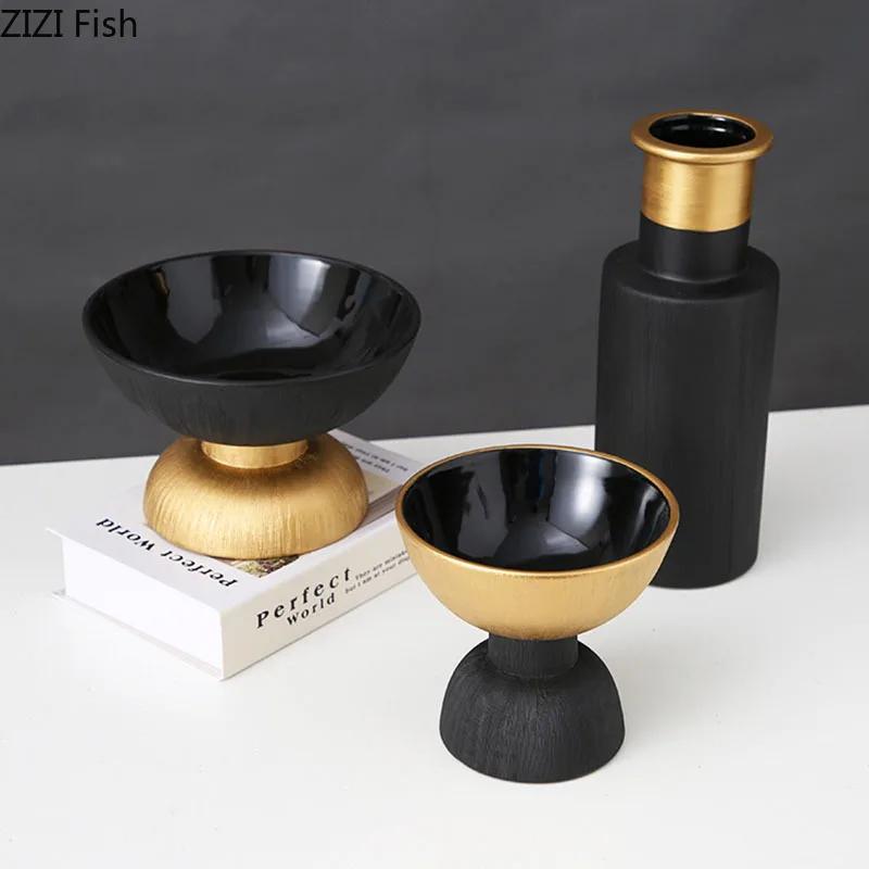 Black and Gold Ceramic Vase Desk Decoration Flowers Pots Decorative Flower Arrangement Modern Home Decor Crafts Floral Vases