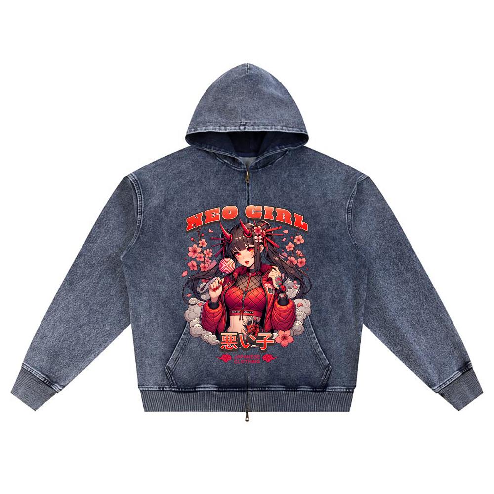 

Худи на молнии из вязаного денима с DTG-принтом, Япония, Самурай, Брат, Толстовки на молнии XL темно-синий