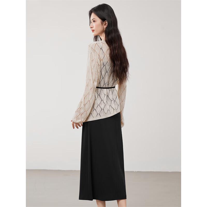 Women's Irregular Hem Knit Cardigan & Black Dress Two-Piece Set