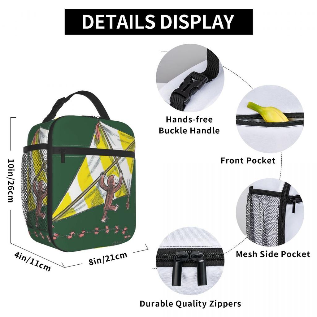 Isolierte Lunchtasche mit Curious George und Blumenmuster für Damen Kinder Tragbare Lebensmittelboxen Thermische Lunchbox Tragetasche