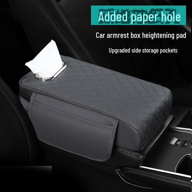 Nappa Leather Diamond-Stitched Car Armrest Cushion with Tissue Storage