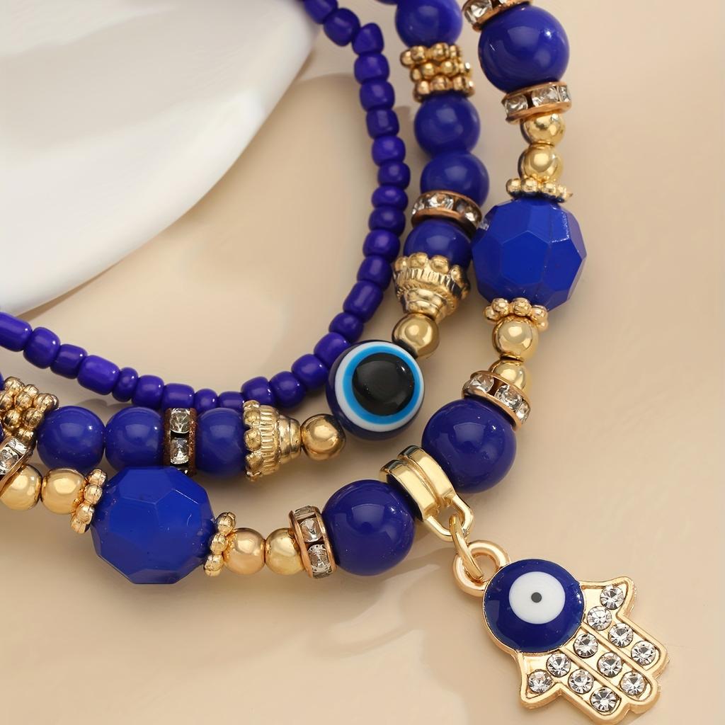 3 pcs Bohemian Style Turquoise Blue Devils Eye Beaded Anklet for women