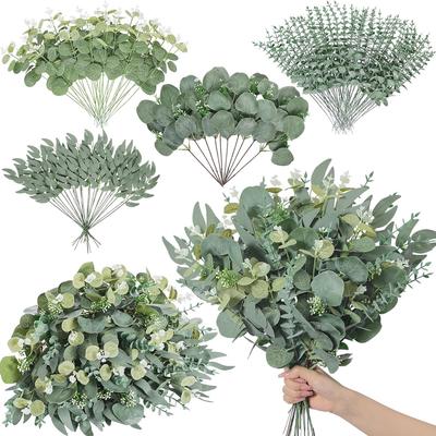 100pcs Artificial Mixed Eucalyptus Stems Leaves Bulk, 4 Kinds Fake Greenery Silver Dollar Eucalyptus Leaves Picks for DIY Bouquets Home Decor