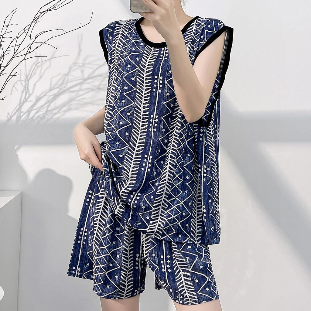 Casual national style red lotus print cotton and silk pajamas set summer thin sleeveless shorts loungewear two-piece set