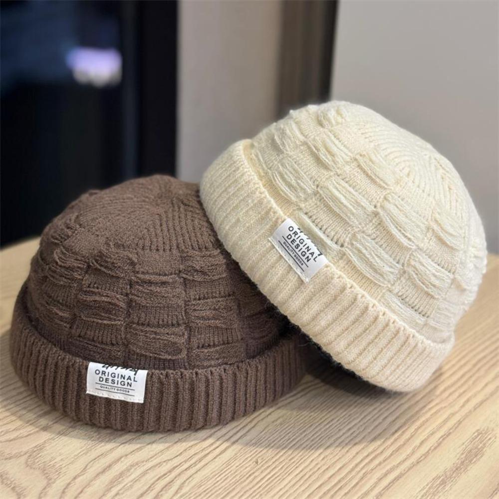 Thick Knitted Beanie Cap Solid Color Cuff Trawler Hat Retro Docker Cap