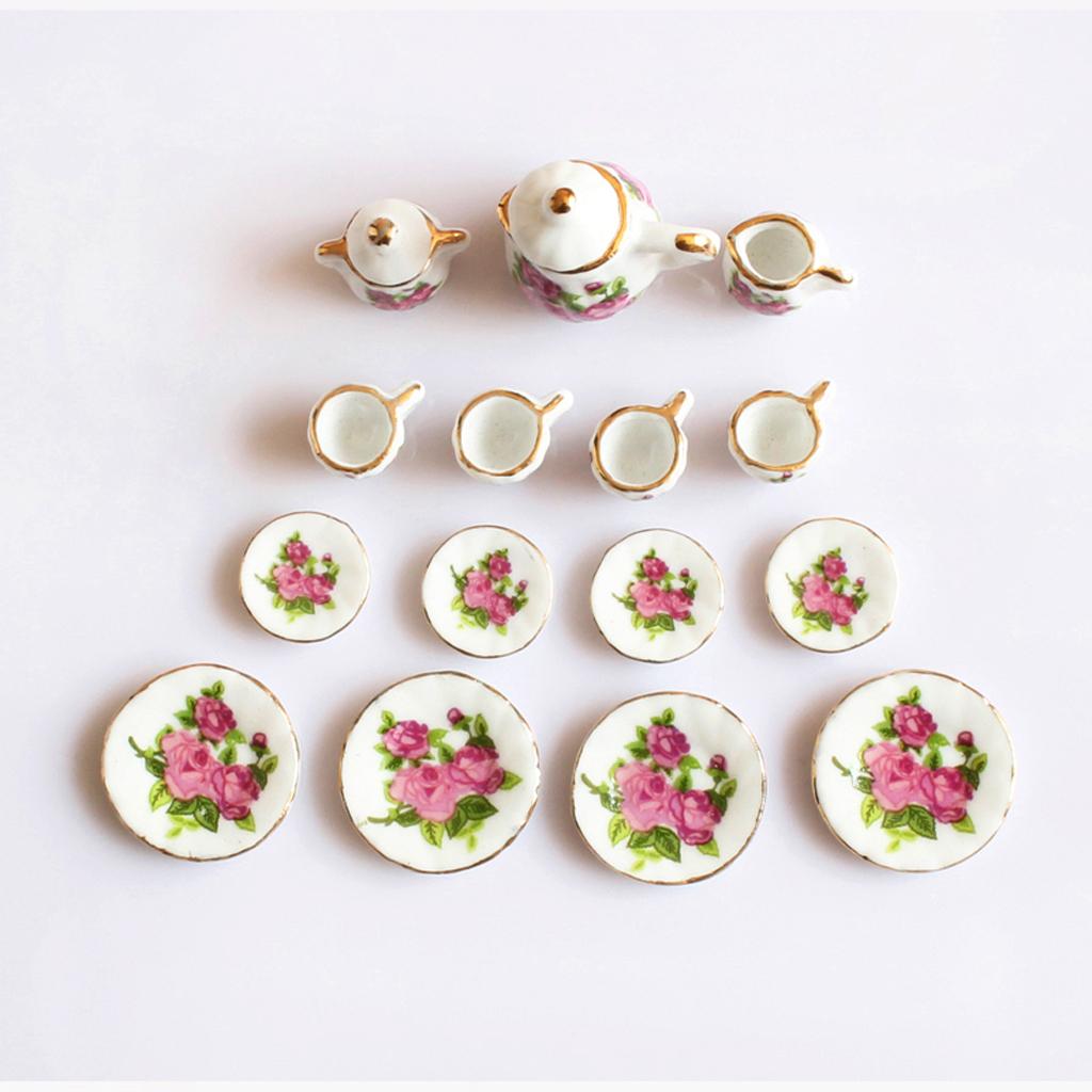 1/12 Dollhouse Miniature Dining Ware Porcelain Tea Set Dish Cup Plate Pot 15Pcs White+Pink/Green
