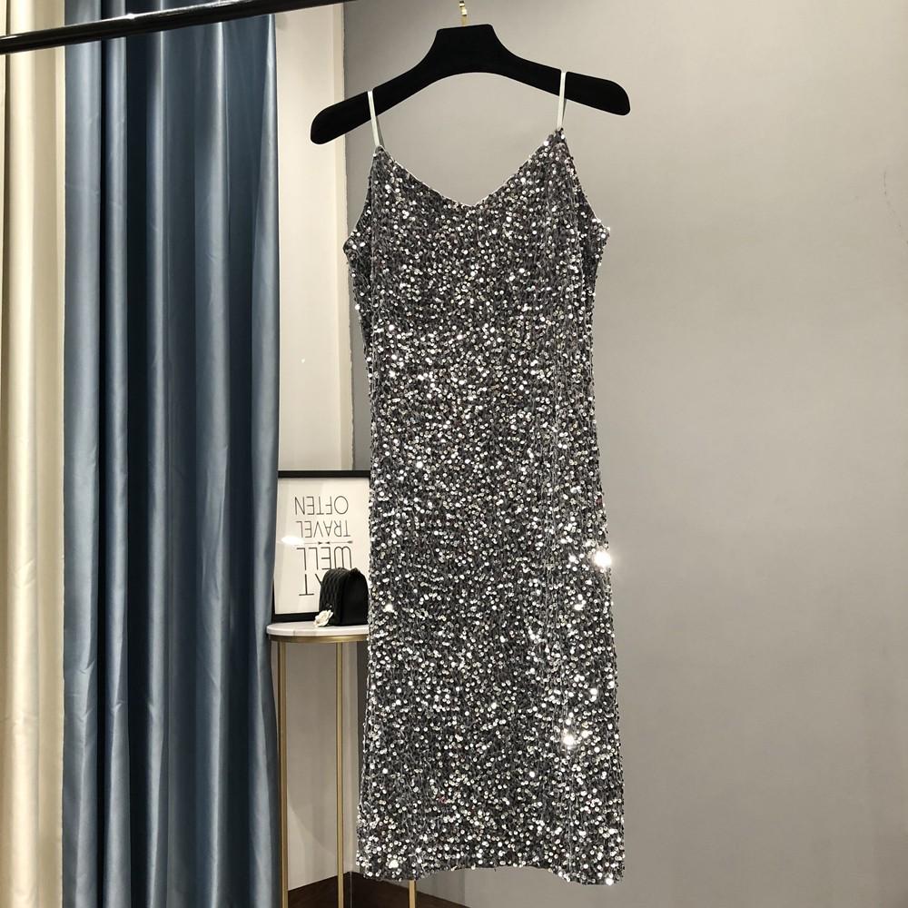 2023 Elegant Metallic Shine Spaghetti Strap Women's Party Dress