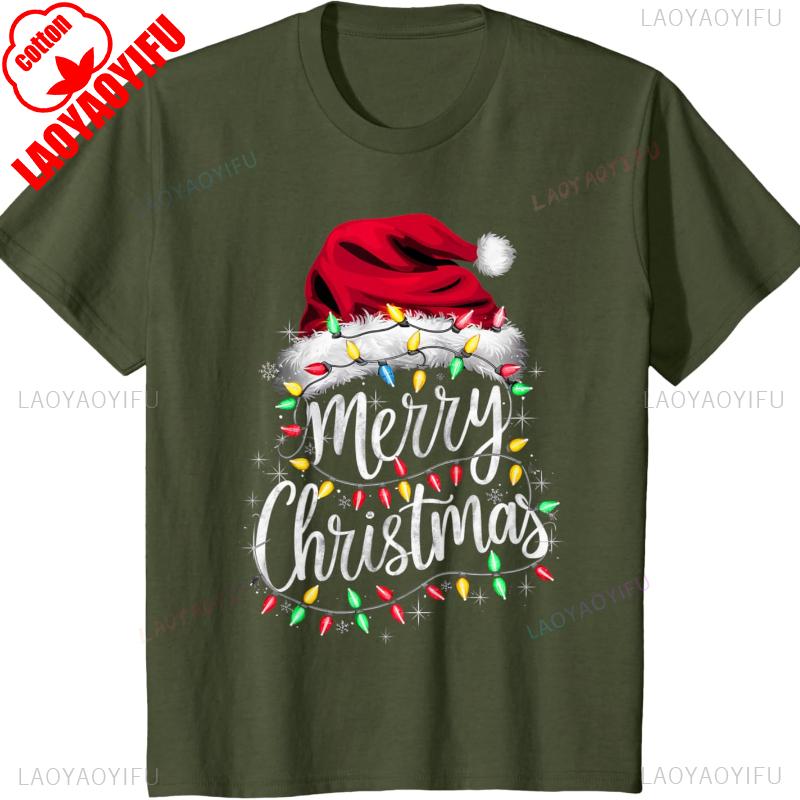 Red Santa Lights Design Christmas Cotton Tshirt for Men and Women Crew Neck Short Sleeve  All Seasons Casual Fashion Soft Ideal