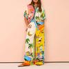 Hawaii Vacation Set Women Short Sleeve Lapel Top Colorful Print Shirt Pants Outfit 2 Pcs