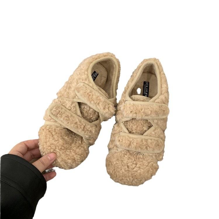 ins gentle wind~ giant warm~ cross one pedal cover foot flat bottom fluffy shoes women wear round head single shoes in winter