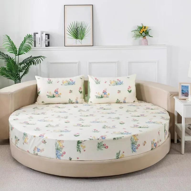 3 Pezzi Lenzuolo con Angoli in Cotone con Elastici Biancheria da Letto per Coprimaterasso Rotondo Tinta Unita Misura Queen Copriletto con Federa