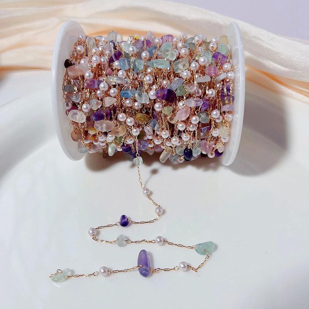 0.5M 1M Colorful Irregular Stone Necklace Chain Imitatied Pearl Copper Chains for DIY Holiday Necklace Jewelry Making Wholesale
