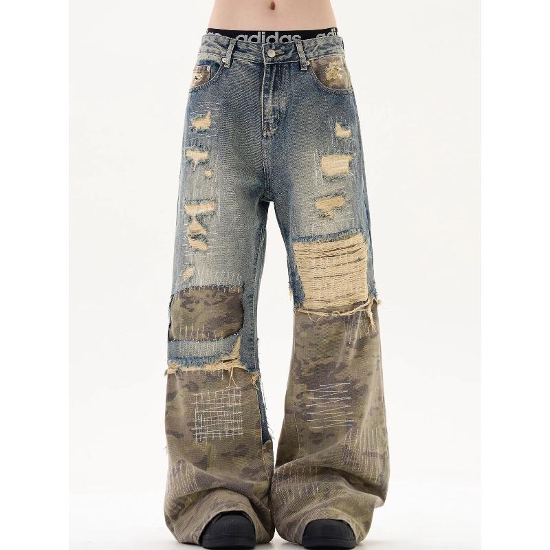 ROADVIBE Amerikanischer Retro Camouflage Patchwork Jeans Herren Zerrissenes Loch Katzenbart Weiter Bein Hosen Streetwear Trendige Gewaschene Denim Hosen