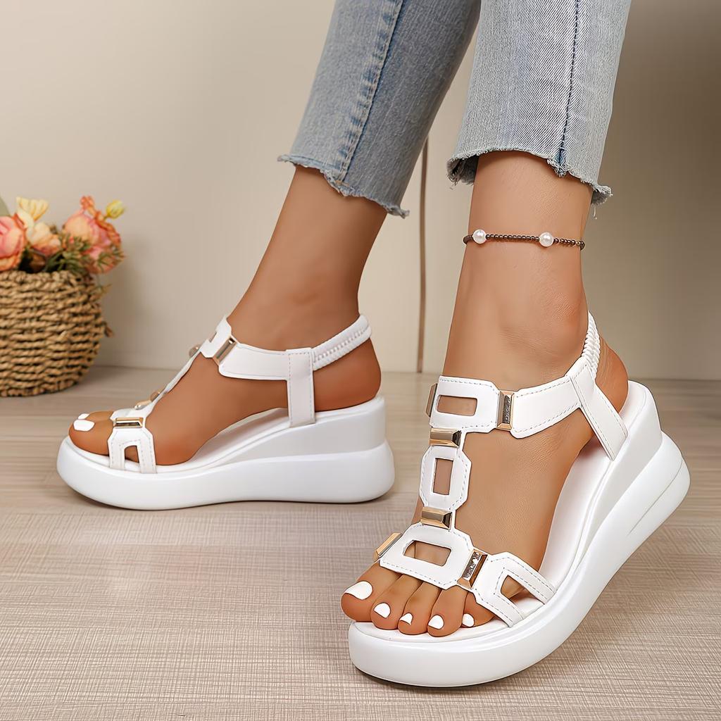 Square Hollow Women'S Wedge Sandals Solid Color Metal Decoration Comfortable Arch Support Open Toe Suitable for Summer Platform Sandals, Women Shoes
