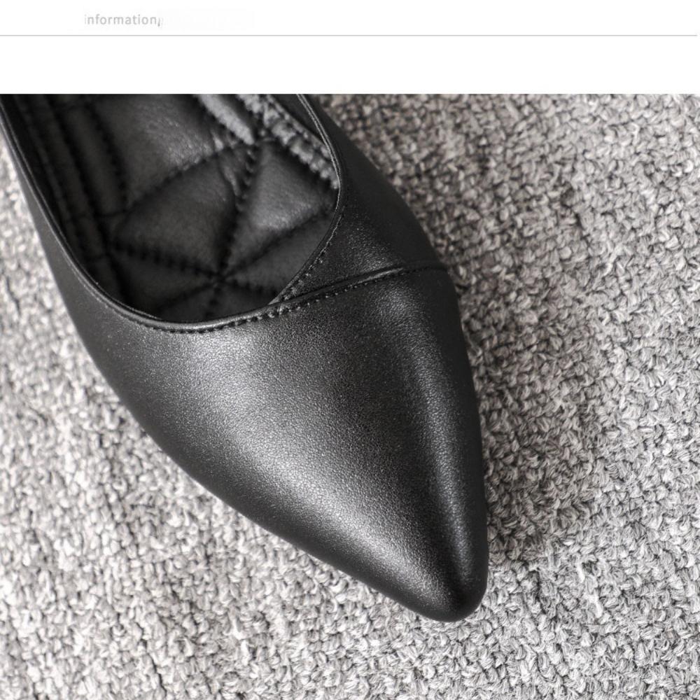 Women's Black Pointed-Toe Work Shoes - Soft Leather Shallow Mouth, Flat Soft-Soled, Comfortable for Interview/Flight Attendant, XCY36-357