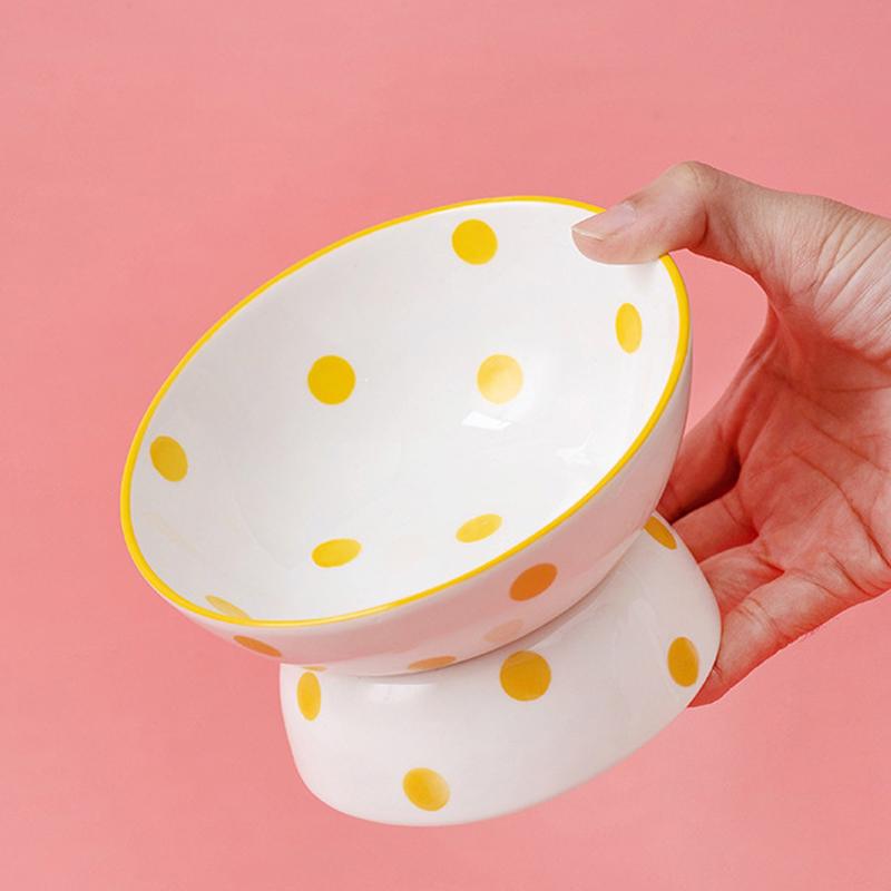 Ceramic Tall Footed Drinking Water Bowls, Anti Overturning Oblique Mouth, Neck Protection, Round Dot Cat Bowl, Pet Articles, 1Pc