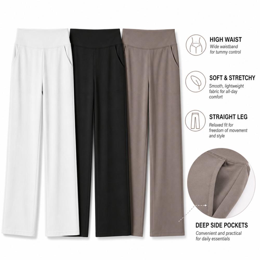 Pantaloni Casual a Vita Alta Gamba Dritta Tasche Ampie Pantaloni Yoga Donna Vestibilità Rilassata Pantaloni Sportivi