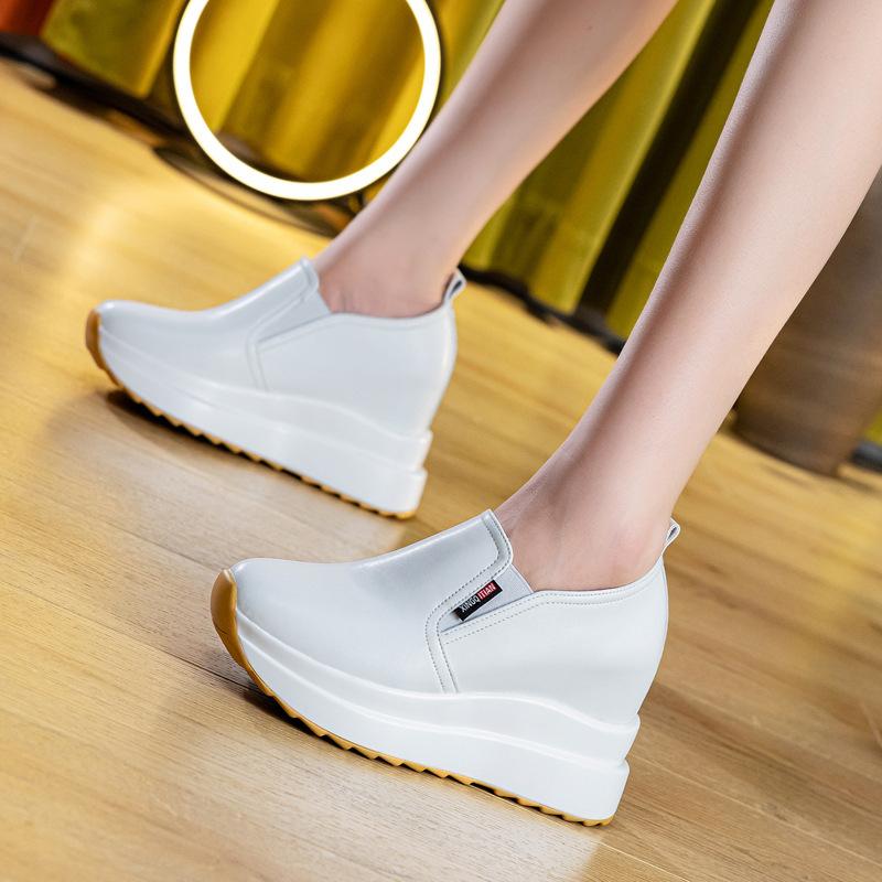 Spring Autumn Wedges Shoes Women Fashion Sneakers Genuine Leather Height Increasing 10cm Black White Shoes
