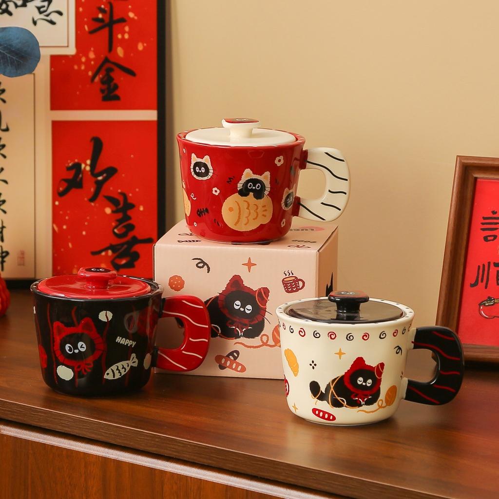 Happy Cat Series Ceramic Lid Mug Cartoon Cute Couple Water Cup Birthday Gift Cup Female High Value