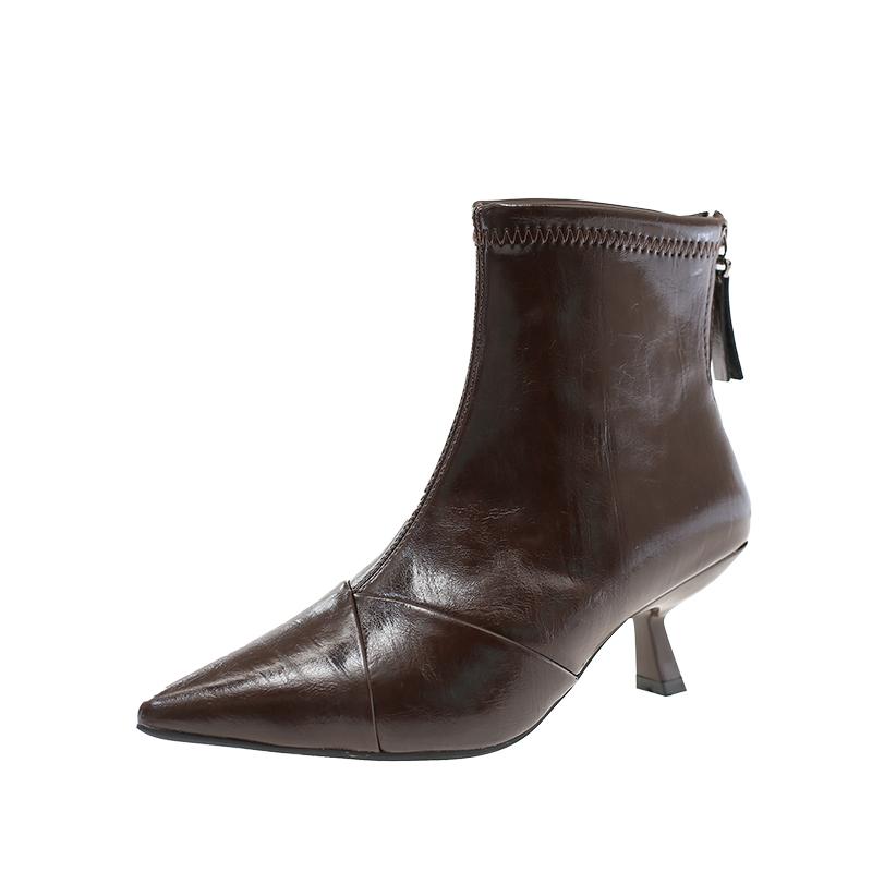 

Skinny Heel Booties Fashion Pointed Toe Spliced Rear Zipper Soft Sole Anti-Slip Wear-Resistant Skinny Boots 40