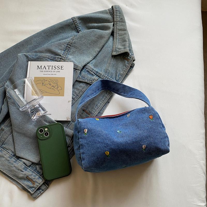 Denim Small Square Bag Flower Embroidery Lightweight Women's Shoulder Bag