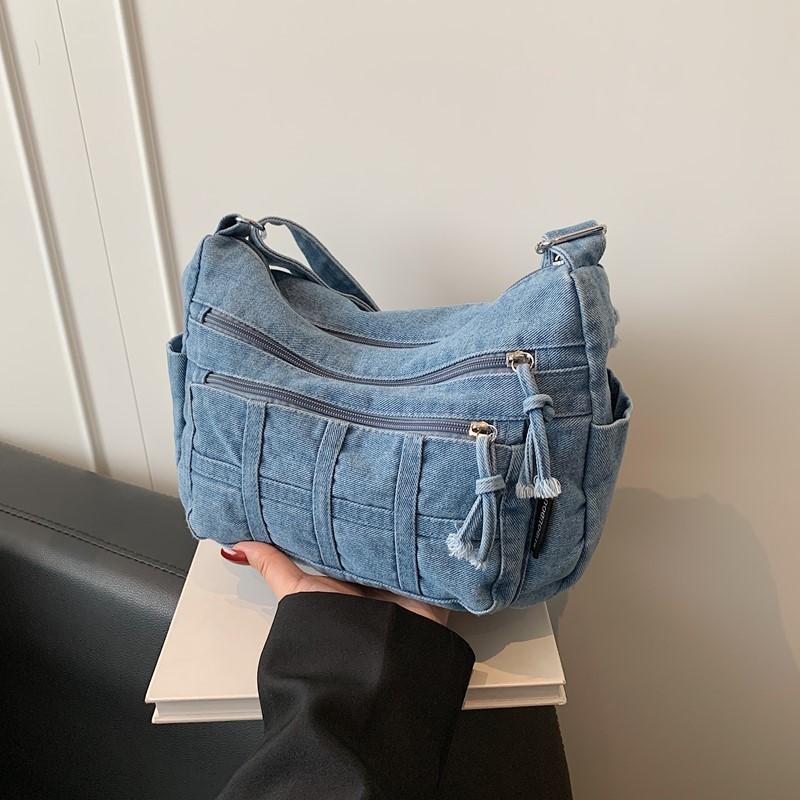 Fashionable Denim Casual Single-shoulder Bag with Multiple Pockets, Lightweight Crossbody Small Square Bag