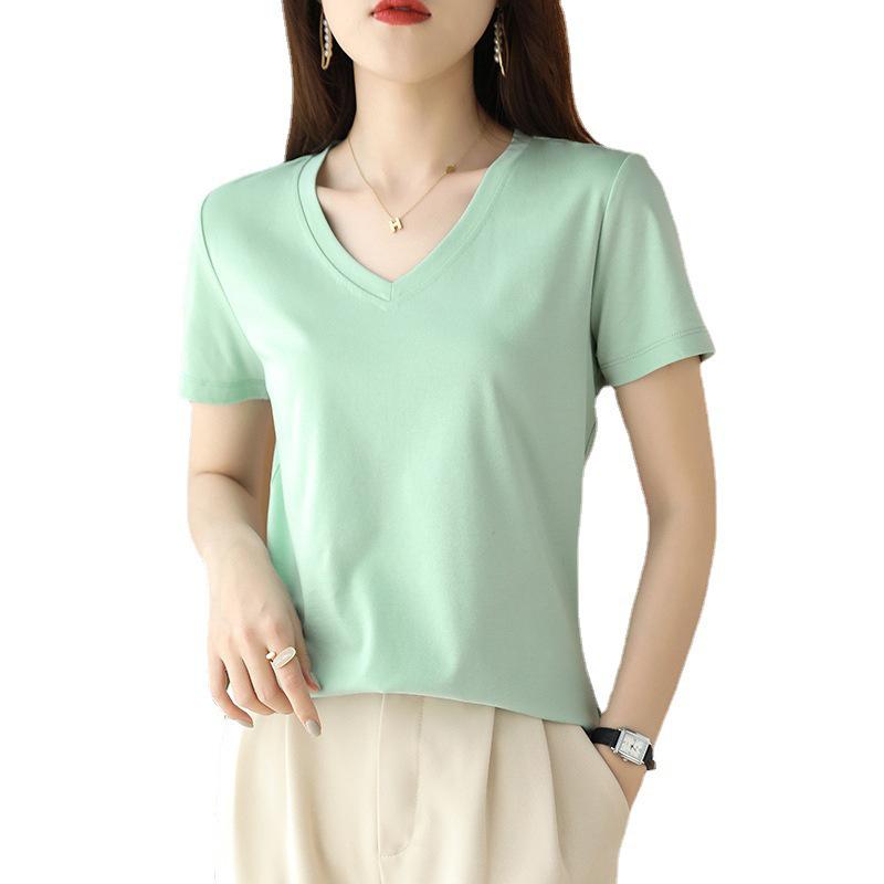 Women's V-Neck Mercerized Cotton Short-Sleeve T-Shirt - 2025 Summer Collection, Sweetheart Neckline