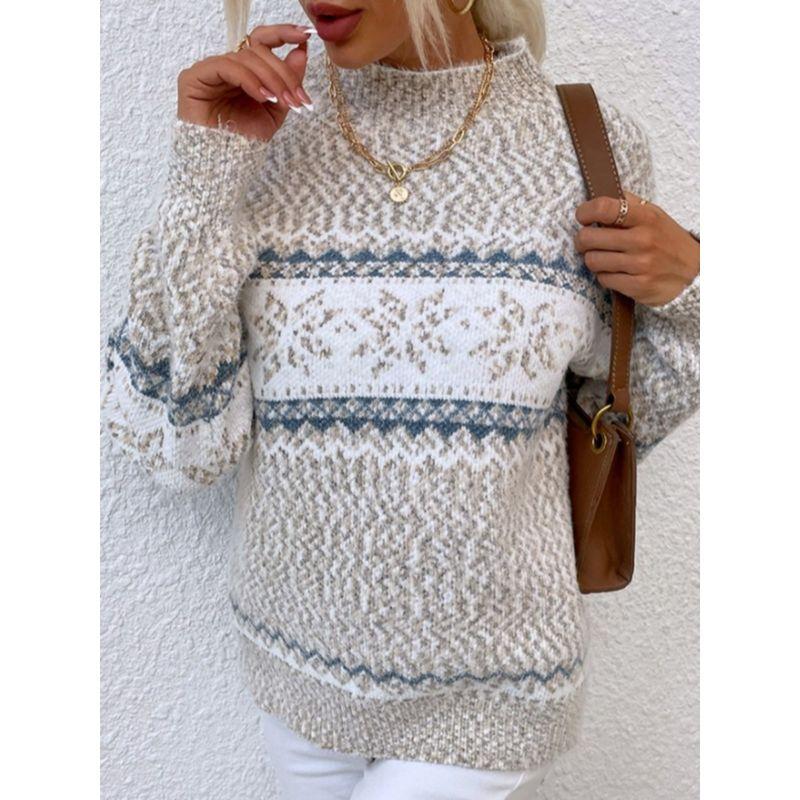 European Autumn and Winter Fashion Christmas Christmas Snowflake Pattern Half-high Collar Long sleeve Knit sweater Women Sweater