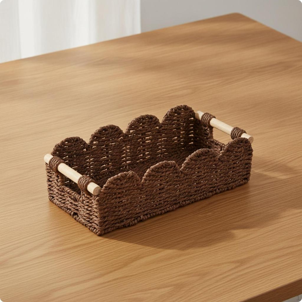 Handmade Tabletop Storage Basket | OpenTop Design, Woven with Wooden Handles, for Desk