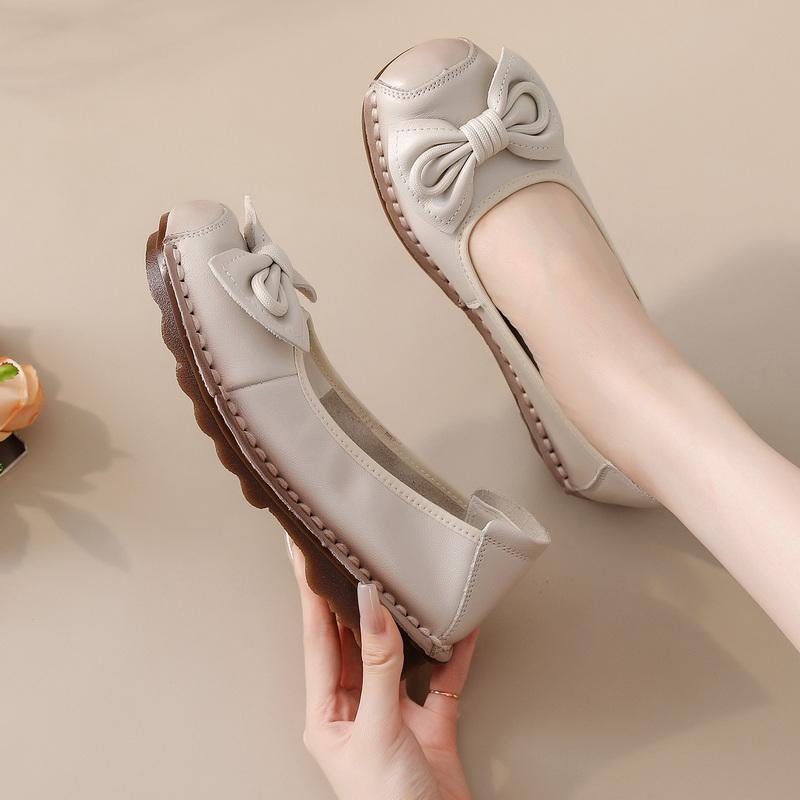 Fashion New Cow Leather Shoes Woman Luxury Bowknot Ballet Flats Women's Shallow Slip On Moccasins Mother Comfortable Autumn Flats Shoes