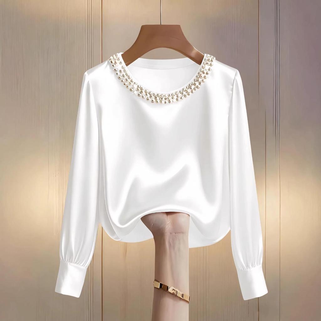 2026 French High-End Pearl Round Neck Satin Top for Women - Spring/Summer Collection