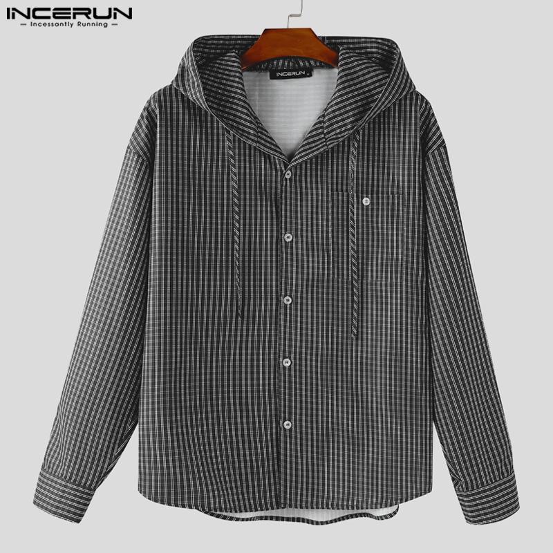 INCERUN Men Long Sleeve Buttons Plaid Print Hooded Shirts Casual Tops