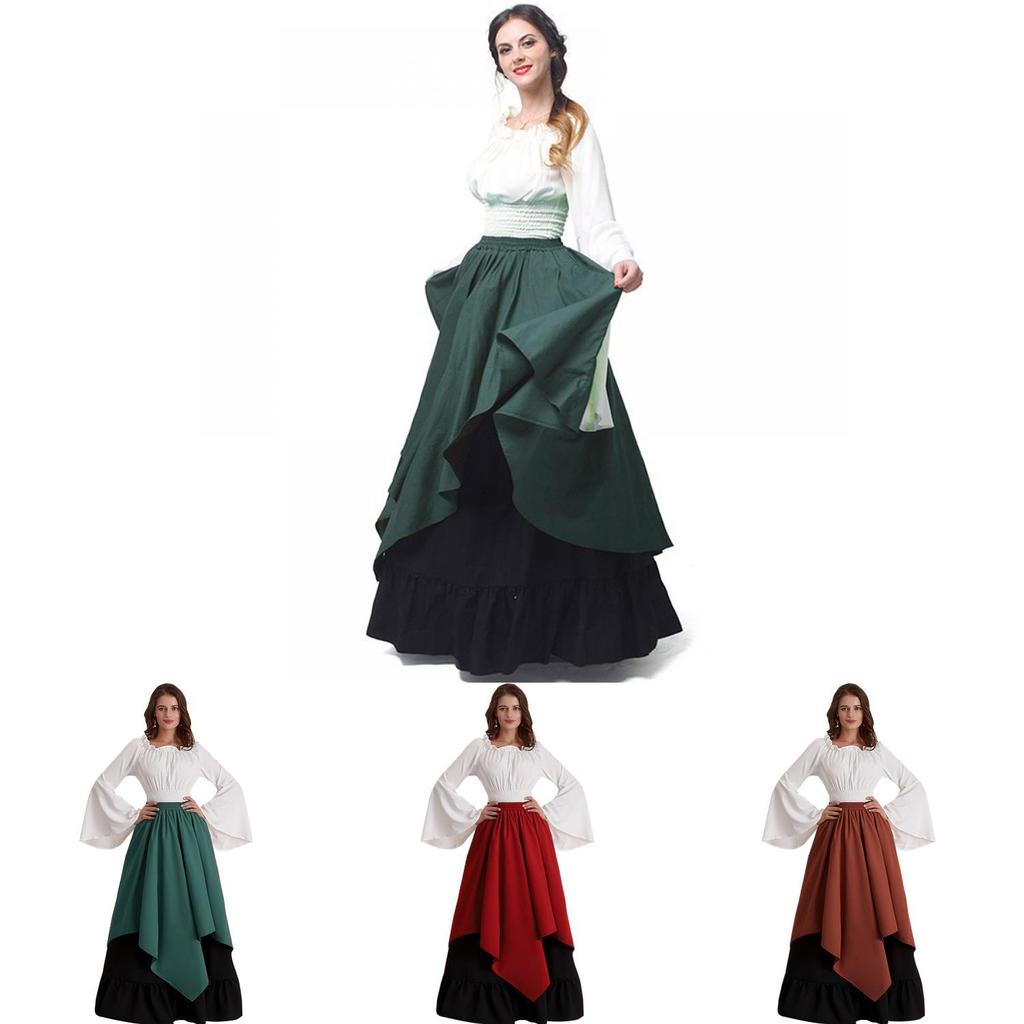 Europäisches Mittelalterliches Damen Halloween Cosplay Kleid Renaissance-Zeit Kostüm Zweiteiliges Set Blau Rot Grün Braun