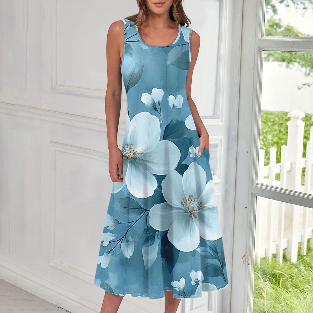 Women's Casual Fashion Floral Print Round Neck Sleeveless Midi Dress