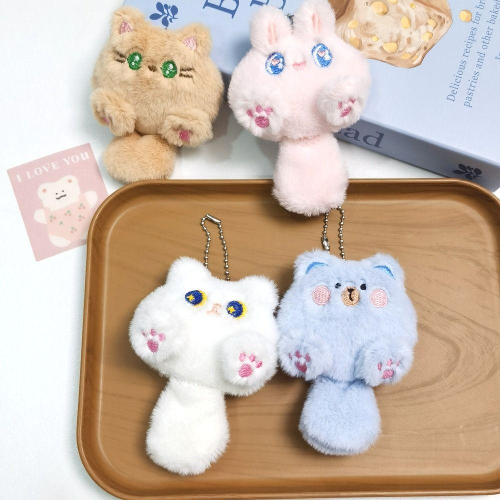 Cartoon Cat Plush Keychain Soft Bear Pendant with Tail Cute Rabbit Doll Keyring  Bag Hanging