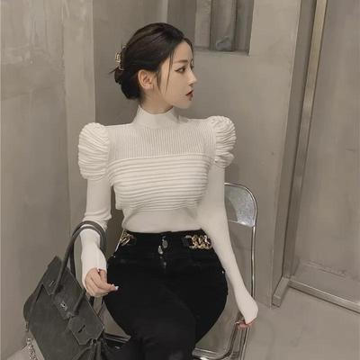 Pull Tricoté Col Montant Manches Bouffantes Coupe Slim Haut de Gamme pour Femme Automne/Hiver