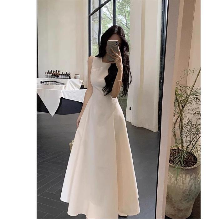 Solid color dress children's summer new French temperament high-end sleeveless vest waist thin dress