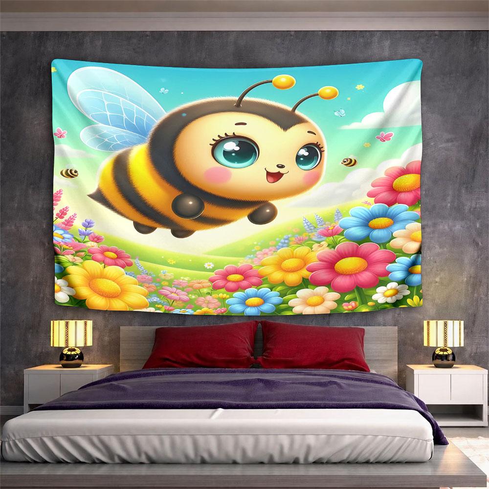 Cute Bumblebee with Colorful Flowers Pattern Wall Hanging Tapestry Decorative Tapestry Home Decor for Bedroom and Living Room