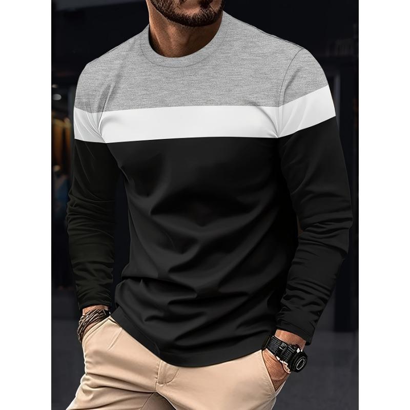 Men's Casual Outdoor Color Blocked Long Sleeved T-shirt, Breathable and Comfortable Top, Suitable for Fitness, Hiking and Daily Life