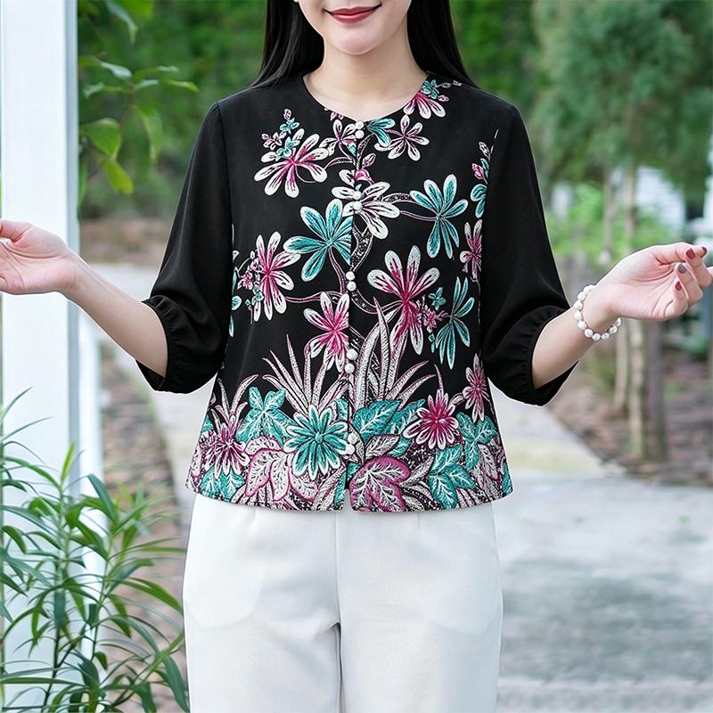 ZANZEA Women Casual Round Neck 3/4 Sleeve Loose Print Blouse