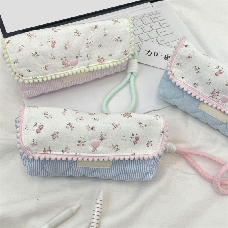 Flower Print Pen Bag with Lanyard Large Capacity Pencil Case Pen Organizers Pencil Pouches Travel Makeup Bag for Women