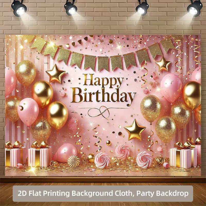 

2D Pink Gold Happy Birthday Backdrop Balloon Gift Party Background Banner 47.2x31.5inch/120*80cm