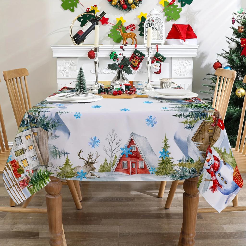 Full of Christmas Atmosphere with Snowman Gnomes and Other Elements Winter Party Tablecloth, Polyester Material, Rectangular